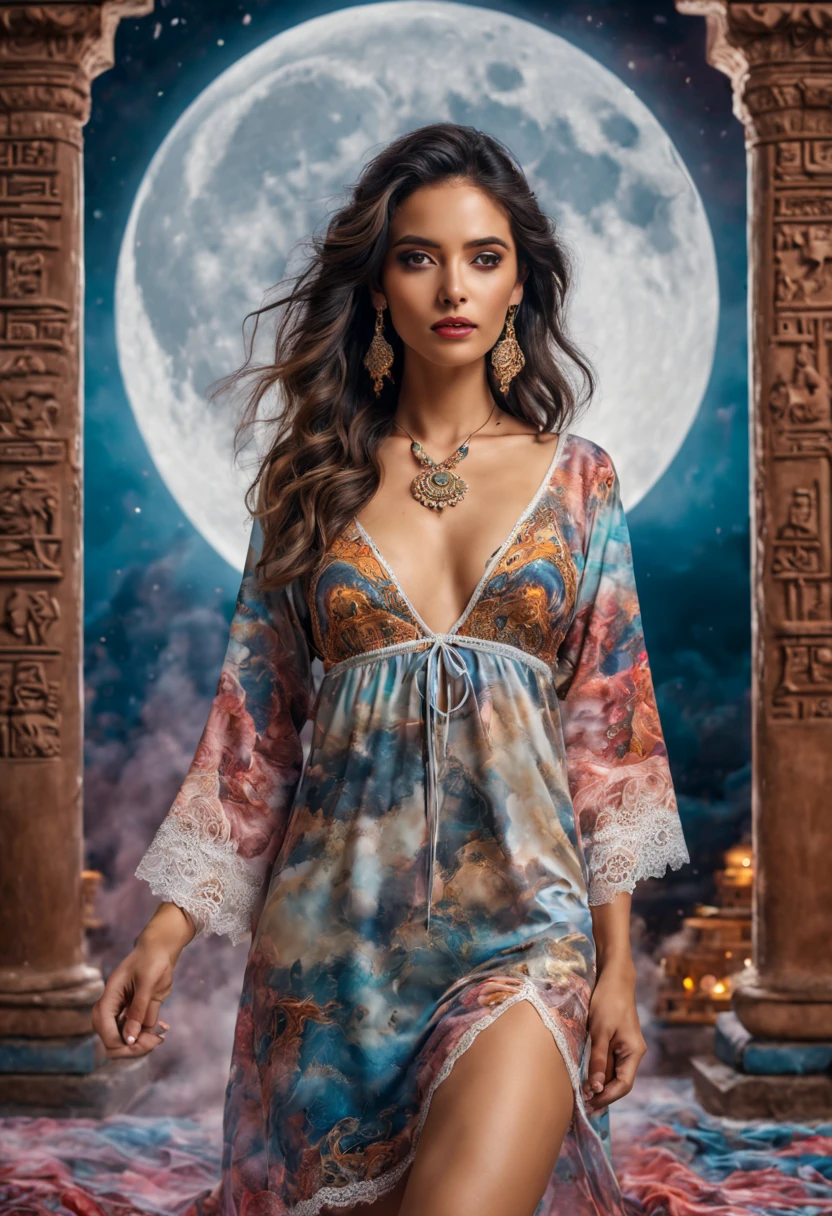 4d fullbody portrait, Hieroglyphic designs fabrics patterns printed on a nighties, top lace, perfect body,, , perfect eyes, perfect lips, jewellery, 8k, hd, detailed body, colorful temple background, moon, splashing smoke,
