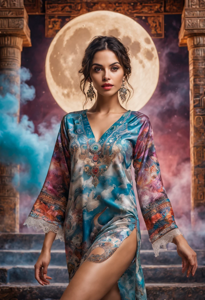 4d fullbody portrait,  Hieroglyphic designs fabrics patterns printed on a nighties,   top lace,  perfect body,,  ,  perfect eyes,  perfect lips,  jewellery, 8k, hd, detailed body,  colorful temple background, moon, splashing smoke,   