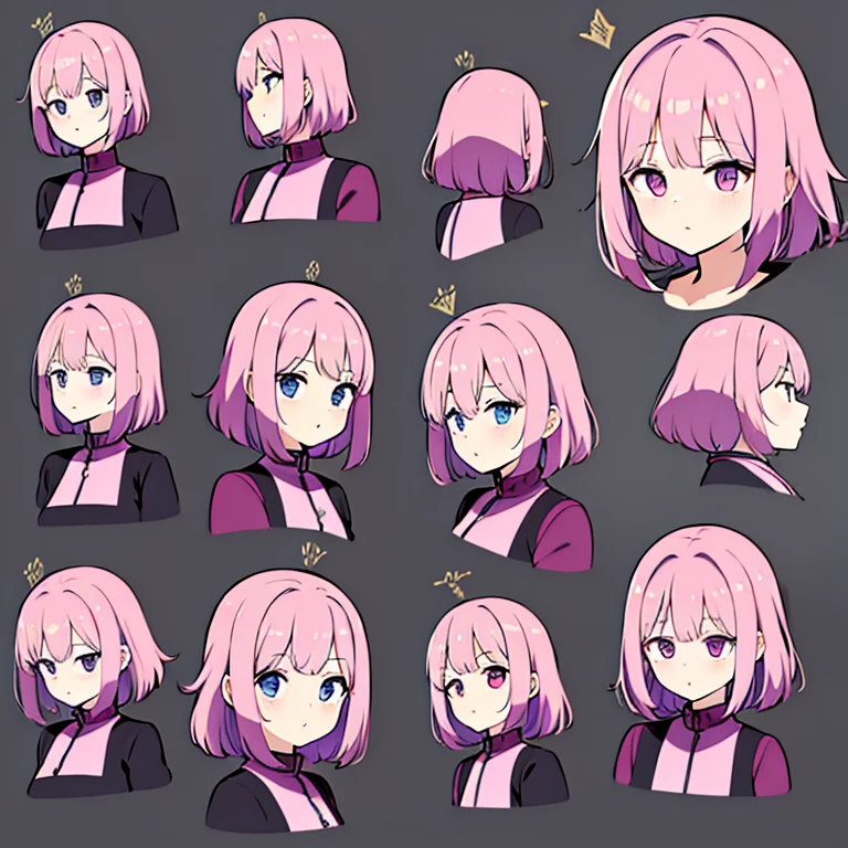 Personagem feminino,cabelo longo,cheio e ondulado de cor castanho escuro, seus olhos castanhos escuro, cor da pele parda, in anime version, de cores das veste branca, with pink and lilac details, em desenho flores, uma personagem feminina estilo anime e uma mestra de bombas Model sheet.