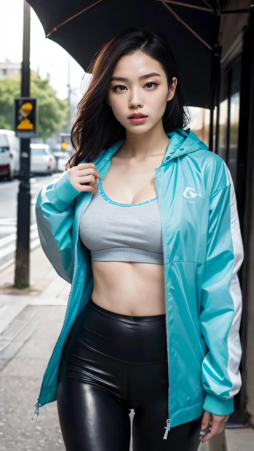 masterpiece, black hair, pure background, beautiful, elegant. Ultra-fine details, masterpieces, realistic textures, realistic cinematic lighting, perfect work, 8k, HD, delicate facial features, (Image from thighs to head), large breast, Turquoise windbreaker paired with charcoal gray leggings, Determined expression, Overcast sky, City alley filled with street art,