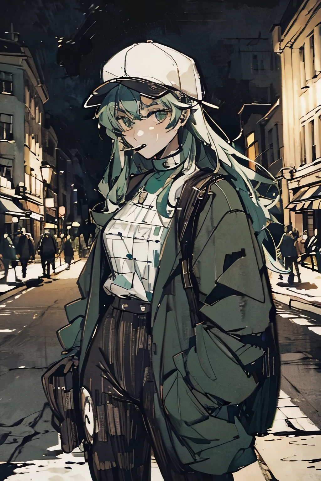 Seruous woman with long curly green hair on the street in the city smoking a cigarette, wearing a jacket, pants, late at night, dim light, green eyes, hat, choker.