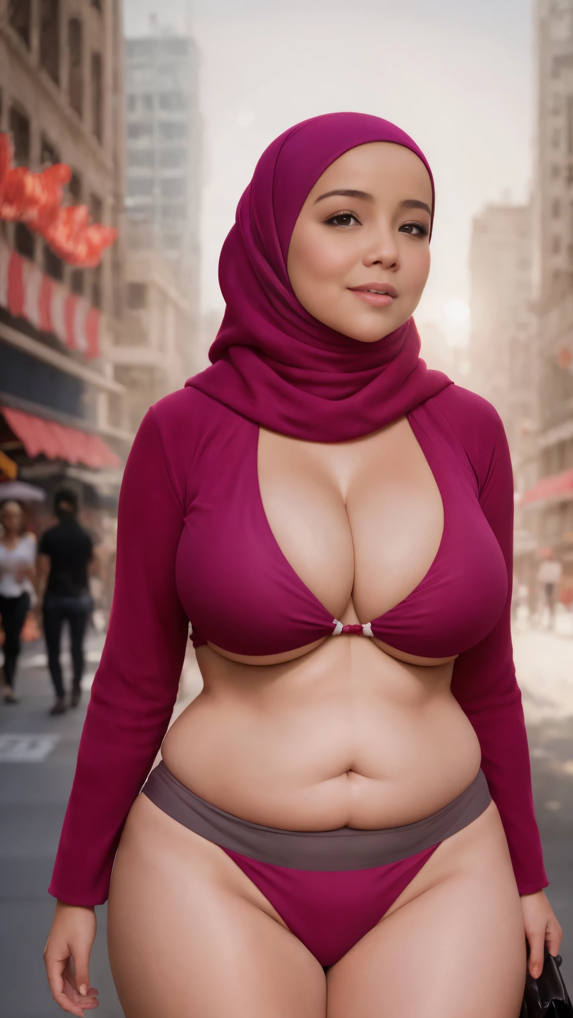 close-up portrait of a beautiful chubby curve body woman in hijab walking at busy street in the morning, wearing red bikini top and bikini bottom, ((heavy big breast)), showing large cleavage, reeds, (backlight), realistic, masterpiece, soft smile, high quality, lens reflection, shadow, flower, [[chromatic aberration]], by Jeremy Lipking, by Antonio J. Manzanedo, digital painting,