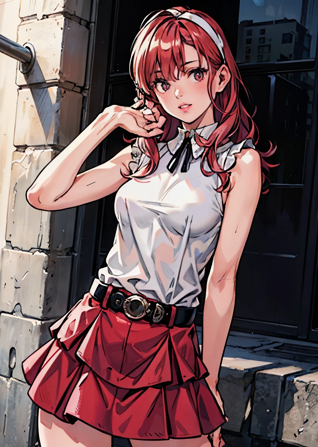 (best quality,4k,8k,highres,masterpiece:1.2),ultra-detailed,(realistic,photorealistic,photo-realistic:1.37),beautiful detailed eyes,beautiful detailed lips,extremely detailed eyes and face,long eyelashes,feminine,long wavy hair,(professional,model-like:1.1) pose,(graceful,elegant:nine),wide skirt,red skirt,red and white,midi skirt,smooth flowing skirt,slim waist,long skirt,white and,dark red,skater skirt,wearing skirt,short skirt length,layered skirt,black red white clothes,red and white dress