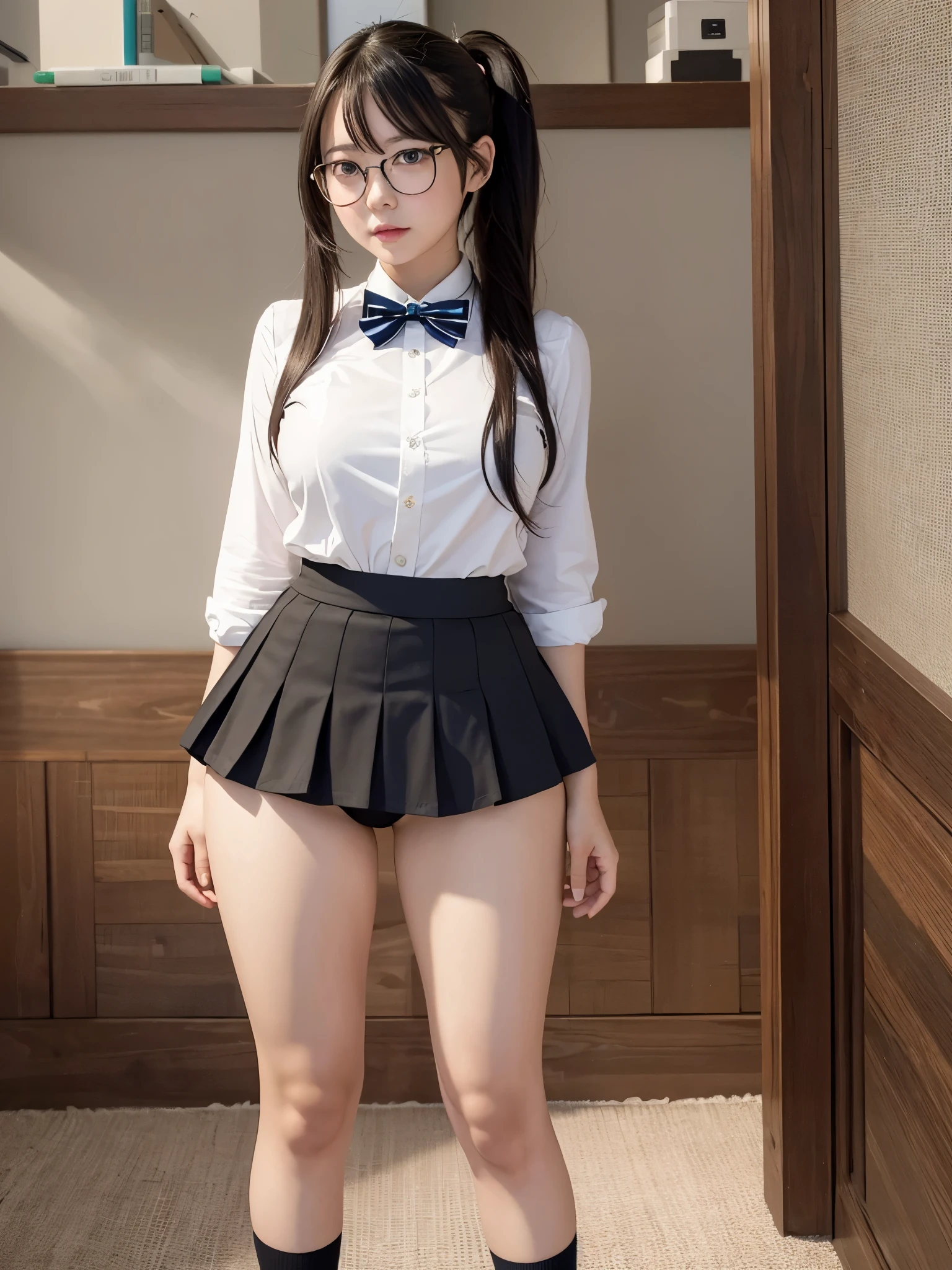 sexy pose there is a woman in a short skirt and a shirt posing, high socks, a surreal , surreal , real high school girl, Photorealistic anime girl rendering, realistic whole body, sakimichan hdri, surreal full figure, photorealistic perfect body, casual pose, seductive anime girl, Smooth anime CG art, from girls frontline anime girl perfect body in a very short skirt and a bow tie posing, a surreal , real high school girl, surreal , short full body portrait!, anime Full body illustration, April rendering, The tenacity of blue reflection, wearing a skirt, wearing a skirt, Cute 3d anime girl rendering, Full body illustration, hugeなchest, super short skirt, A shy girl, wearing glasses, Ponytail Long Hair, black hair, panties, mini skirt, short skirt, very short skirt, split button, thick, Masterpiece of sexy pose,highest quality,best illustrations,very detailed,1 girl,alone,,glamorous,blush, huge chest,big,((huge_chest)))