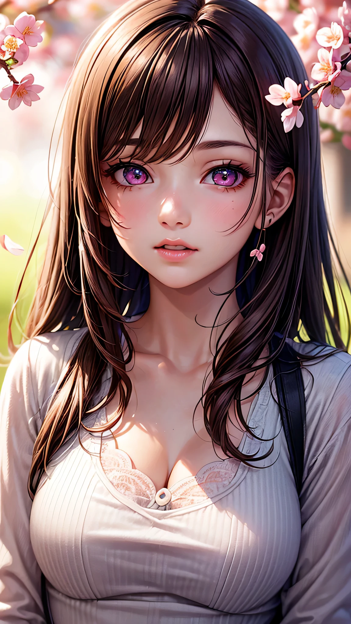 ((1girl)), Brown hair, Amazing face and eyes, Pink eyes, (amazingly beautiful girl), Brown hair, ((Best Quality)), (Ultra-detailed), (extremely detailed CG unified 8k wallpaper), Highly detailed, High-definition raw color photos, Professional Photography, cherry blossom, (((Bokeh))), depth of fields, 