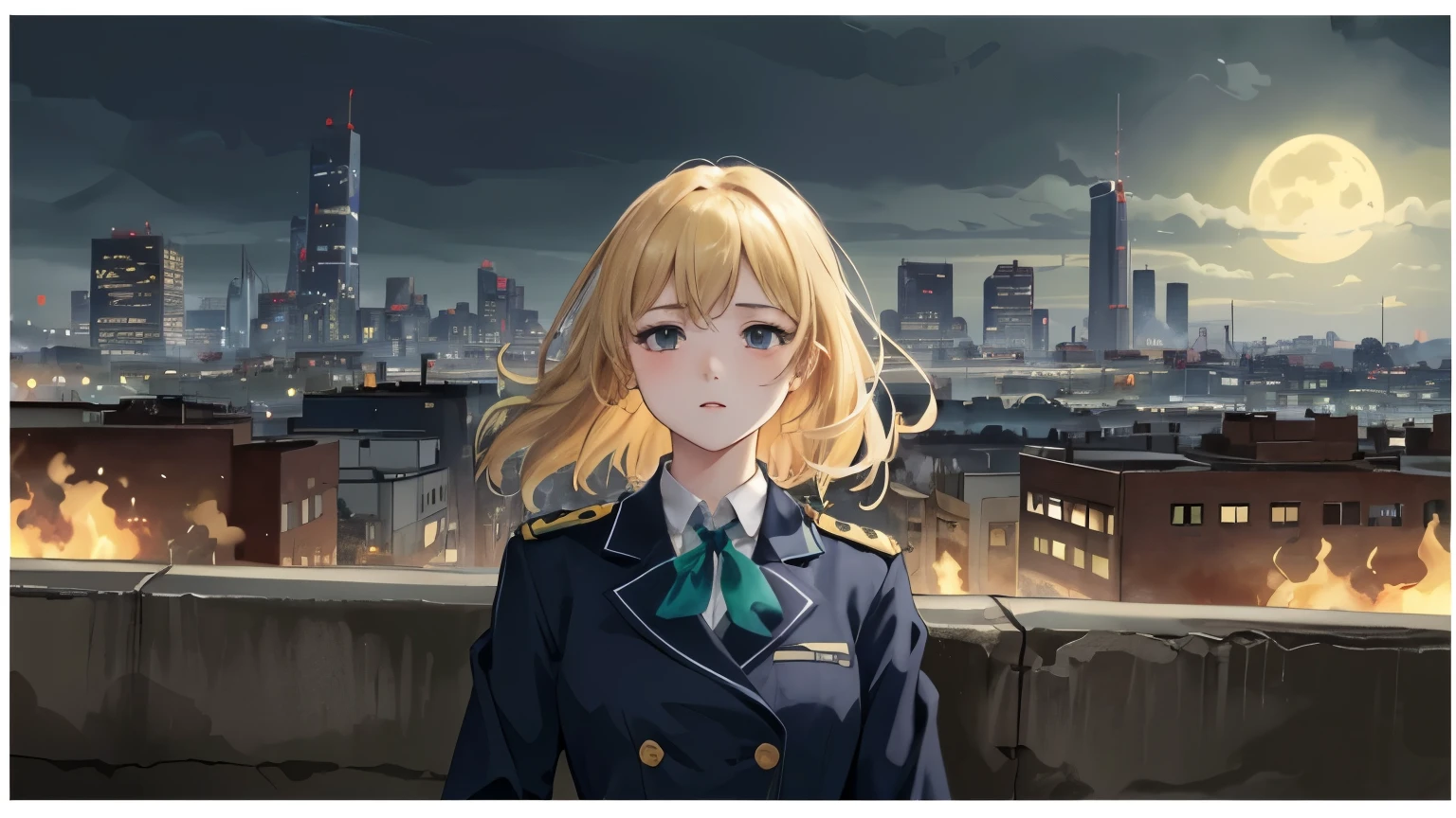 1 woman、blonde、city、skyscraper、moon、rain、Western style、masterpiece, 最high quality, high quality, very detailed CG unified 8k wallpaper, Beautiful landscape painting, award-winning photography, Depth of bounds written, HDR, color difference, realism, very detailed, Art Station Trend, CG Society Trends, Complex, high detail, Drama,color is uniform, tone is even, and the overall atmosphere is high end. Poster art is inspired by Alphonse Mucha, pixiv, nowi, animation、Mucha Style 4K, Alphonse Mucha style, demura and Alphonse Mucha style, Flat Shading Mucha.