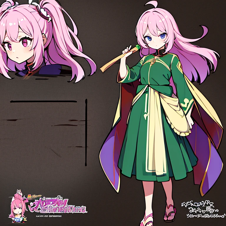Personagem feminino,cabelo longo,cheio e ondulado de cor castanho escuro, seus olhos castanhos escuro, cor da pele parda, in anime version, de cores das veste branca, with pink and lilac details, em desenho flores, uma personagem feminina estilo anime e uma mestra de bombas Model sheet.