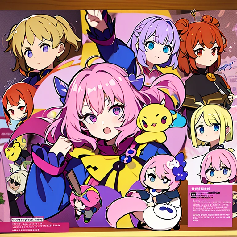 Personagem feminino,cabelo longo,cheio e ondulado de cor castanho escuro, seus olhos castanhos escuro, cor da pele parda, in anime version, de cores das veste branca, with pink and lilac details, em desenho flores, uma personagem feminina estilo anime e uma mestra de bombas Model sheet.