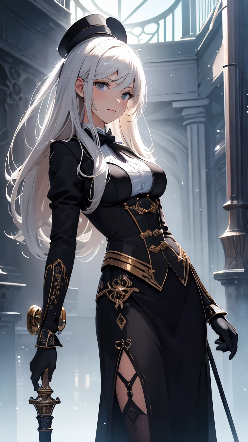 Robot female Butler with Mechanical Engineering Profile, steampunk tie, detail soft shadow, Mechanical face with an ennui atmosphere, Mechanical decorative cane with one hand, from below, Mechanically, with intricate and insane details, About the intricately detailed butler uniform, subtle lighting elements, cool beauty mechanical, Full body shot, From Side, nice cyber butler outfit, An atmosphere of beauty like a finely honed blade, very fine shadows, drizzle doodle background, eternal time clock, It feels like the wind of eternity. Lonely atmosphere, dim white lighting, street art graffiti inspiration, Eyes that show sadness, brave expression, darkest twilight, Detail of darkest core oil paint illustration, ultra-clear details, very clear texture, complex brush strokes, High quality, High resolution, of the highest quality,