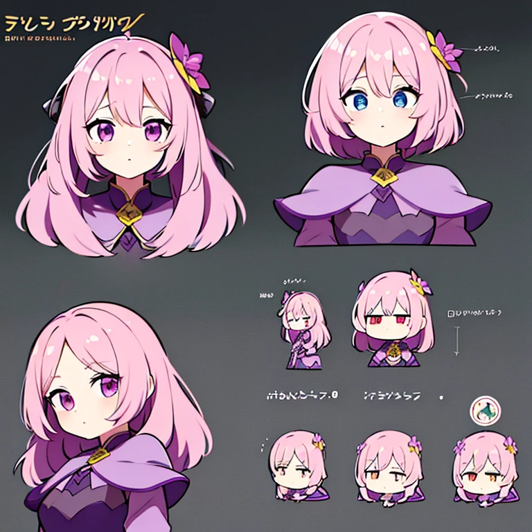 Personagem feminino,cabelo longo,cheio e ondulado de cor castanho escuro, seus olhos castanhos escuro, cor da pele parda, in anime version, de cores das veste branca, with pink and lilac details, em desenho flores, uma personagem feminina estilo anime e uma mestra de bombas Model sheet.