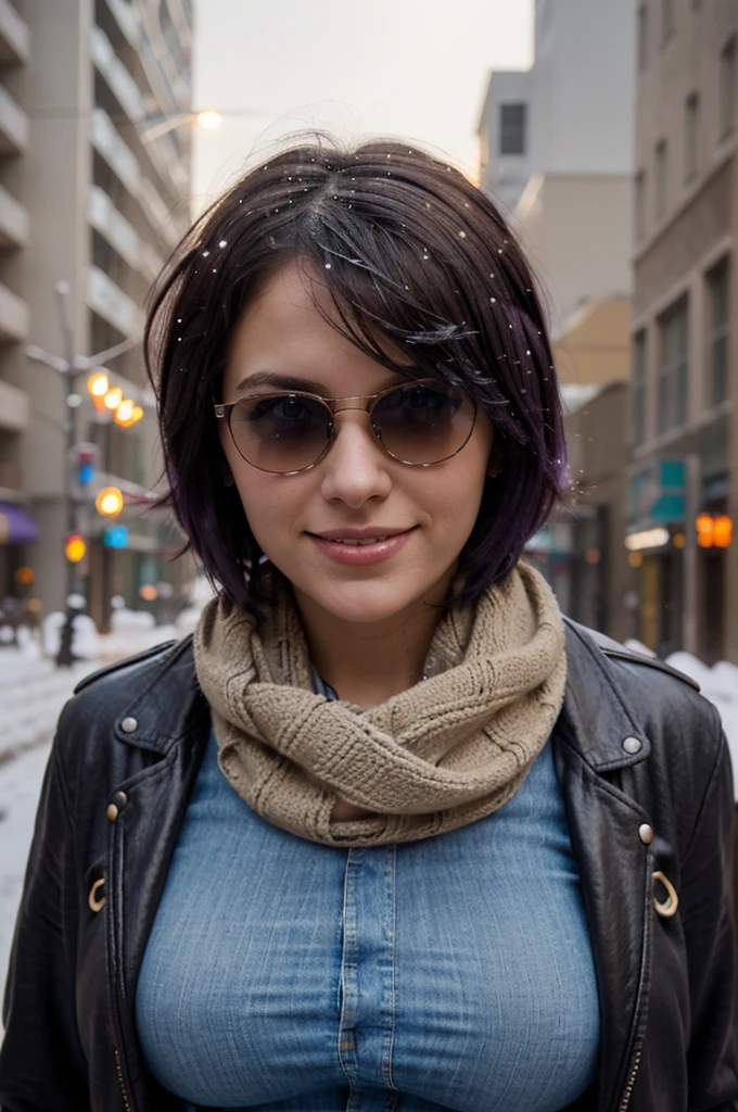 "A photorealistic portrait of a 25-year-old American girl with short purple hair and blue eyes, Wearing sunglasses, huge breasts, blue jeans, brown leather jacket, scarf, ear muffs. She should have a big smile and be illuminated by soft lighting with a sunset, its snowing outside. The background should be and urban street outdoor. Capture this image with a high-resolution photograph using an 85mm lens for a flattering perspective."