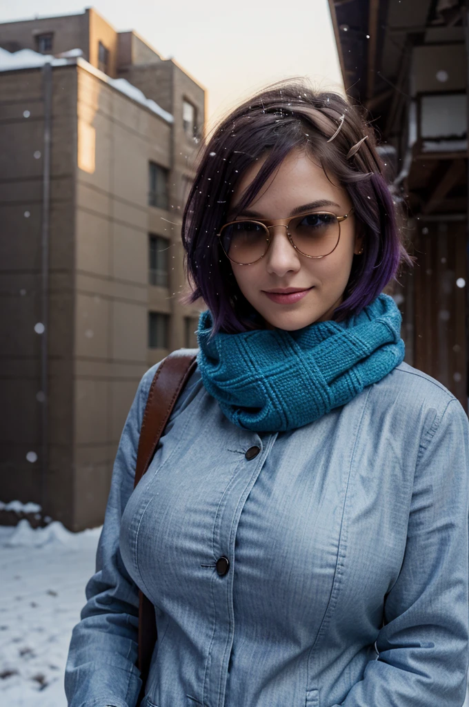 "A photorealistic portrait of a 25-year-old American girl with short purple hair and blue eyes, Wearing sunglasses, huge breasts, blue jeans, brown leather jacket, scarf, ear muffs. She should have a big smile and be illuminated by soft lighting with a sunset, its snowing outside. The background should be and urban street outdoor. Capture this image with a high-resolution photograph using an 85mm lens for a flattering perspective."