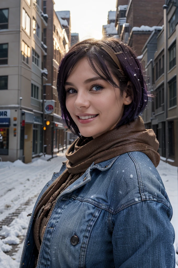 "A photorealistic portrait of a 25-year-old American girl with short purple hair and blue eyes, Wearing sunglasses, huge breasts, blue jeans, brown leather jacket, scarf, ear muffs. She should have a big smile and be illuminated by soft lighting with a sunset, its snowing outside. The background should be and urban street outdoor. Capture this image with a high-resolution photograph using an 85mm lens for a flattering perspective."