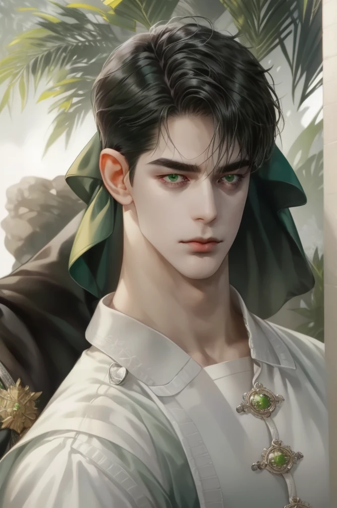 masterpiece, best quality, realistic, 1man, male focus, mature, tall muscular, handsome, [thick eyebrows], portrait, extremely detailed face, short black Quiff hair with Soft Fringe (bangs part on side 3:7 ratio), (green eyes), no smile
