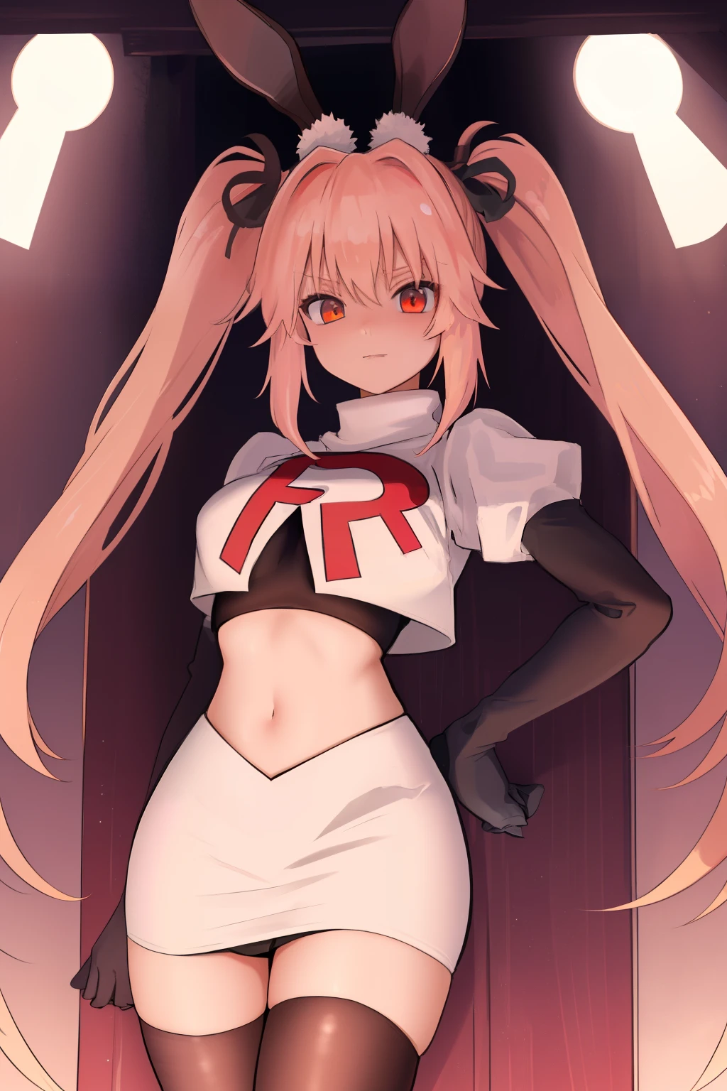 masterpiece, best quality, CG, wallpaper, HDR, high quality, high-definition, extremely detailed, koyanskaya, rabbit ears, team rocket,team rocket uniform, red letter R, white skirt,white crop top,black thigh-highs,black elbow gloves