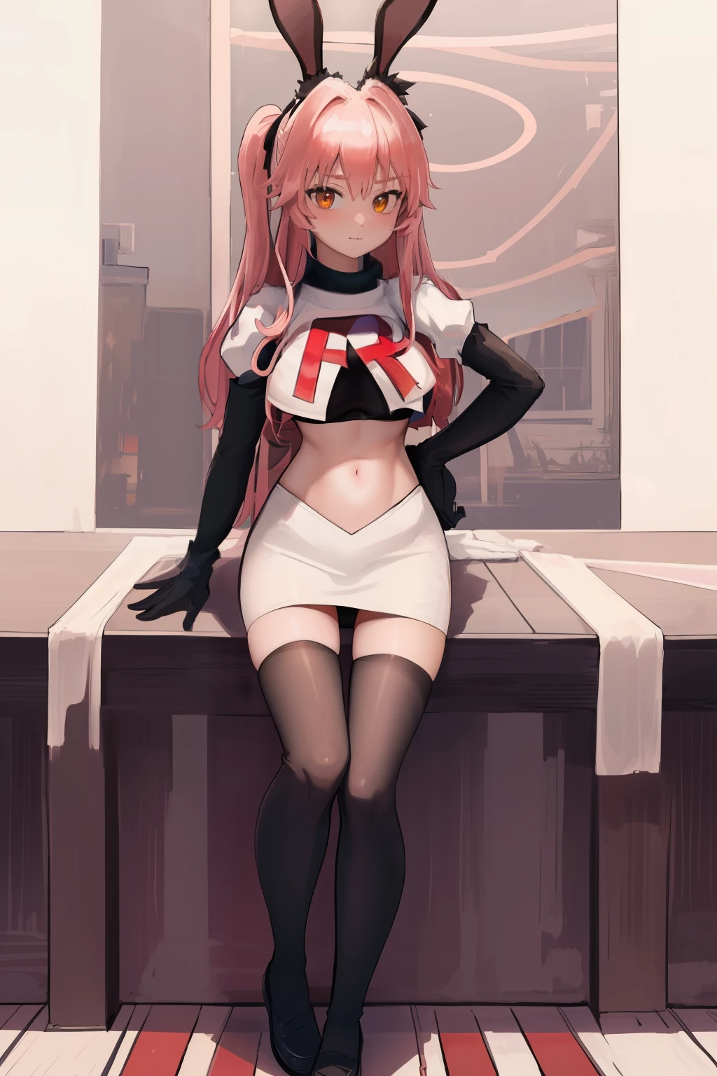 masterpiece, best quality, CG, wallpaper, HDR, high quality, high-definition, extremely detailed, koyanskaya, rabbit ears, team rocket,team rocket uniform, red letter R, white skirt,white crop top,black thigh-highs,black elbow gloves