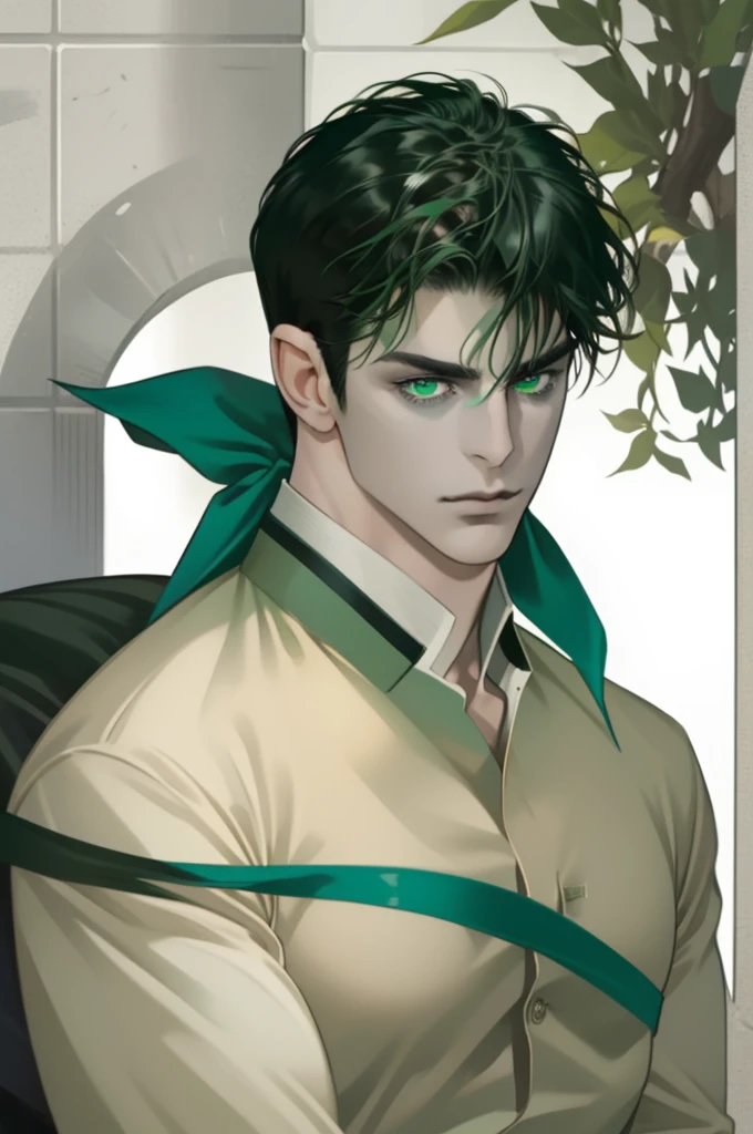 masterpiece, best quality, realistic, 1man, male focus, mature, tall muscular, handsome, [thick eyebrows], portrait, extremely detailed face, short black Quiff hair with Soft Fringe (bangs part on side 3:7 ratio), (green eyes), no smile