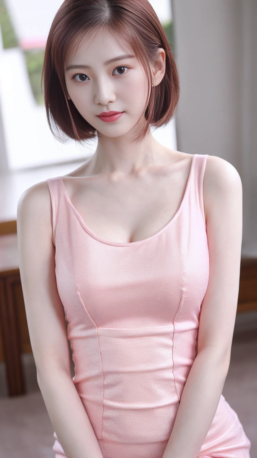 a close up of a woman in a pink dress posing for a picture, smooth pink tight clothes suit, gorgeous chinese model, pale milky pink porcelain skin, a beautiful young woman, gorgeous young korean woman, cai xukun, beautiful south korean woman, a cute young woman, beautiful young korean woman, lovely woman, white hime cut hairstyle, ruan jia beautiful!