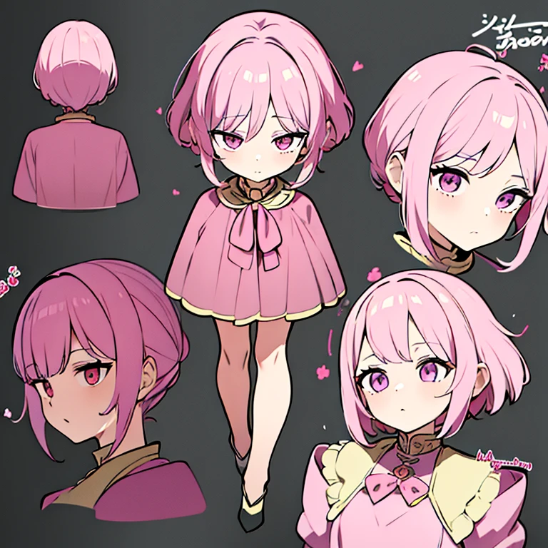 Personagem feminino,cabelo longo,cheio e ondulado de cor castanho escuro, seus olhos castanhos escuro, cor da pele parda, in anime version, de cores das veste branca, with pink and lilac details, em desenho flores, uma personagem feminina estilo anime e uma mestra de bombas Model sheet.