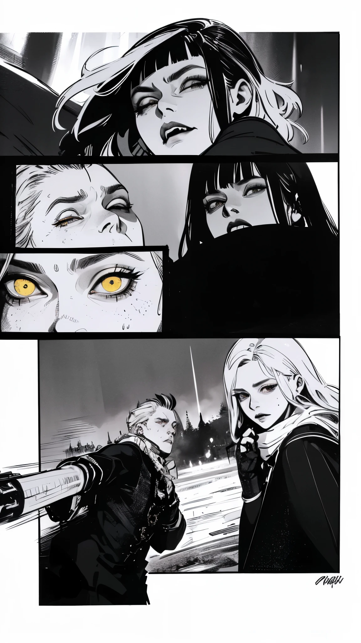 high detail, masterpiece, dramatic lighting(absurdres, highres, ultra detailed), extremely detailed CG unity 8k. mature face, adult woman, woman, mature woman, piercings, medium black with white hair and bangs, fangs, yellow eyes, black modest clothing, mad expression, full body, blood