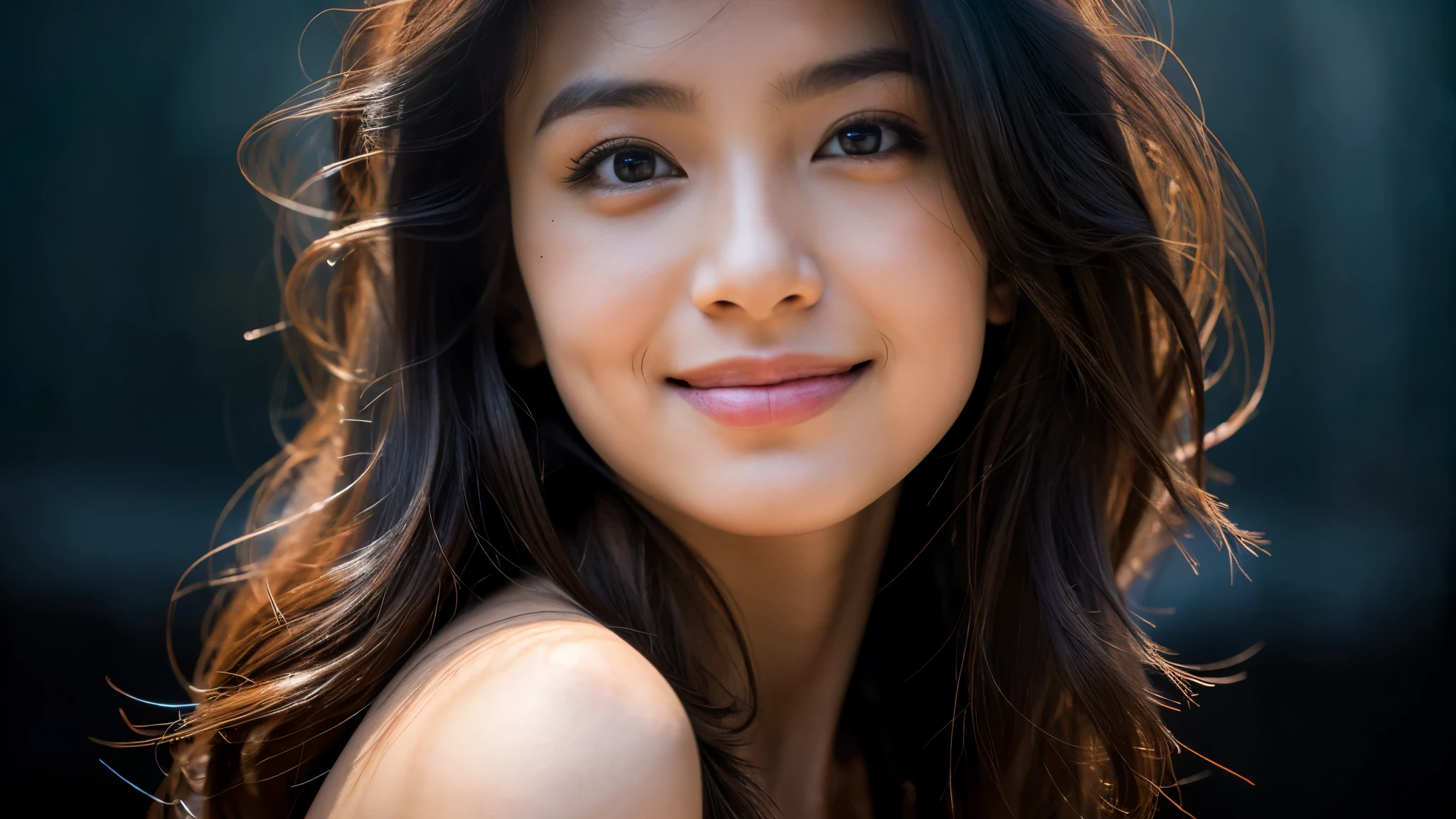 highest quality, epic realistic, ((in the pitch black darkness :1.4)), ((portrait:1.5)),(background: dark ) high contrast ,glorious picture, lowest lux, lighting face, she's comfortable, wearing nothing, , looks incredible, (8k, Raw photo, Highest quality),(epic realistic:1.5), a woman, face,(detailed eyes:0.8),(looking at the camera:1.4), (Highest quality), ( high contrast, deep shadows),Intricate details,cinematic,((skin:1.4)), (long dark hair:1.3), long hair, messy ,(Hdr:1.5),Detailed, colors, Superior quality, Masterpiece, Raw Photo (20-year-old, looking at viewer), beautiful, (wearing plain yellow shirt,), perfect, natural, perfect composition, portrait, perfect face, smiling expression, Captivating eyes, Bright details, Tight lips, (High Skin Detail),, (blue tint: 0.6), (sale: 0.8), (bloody: 0.7), Key lighting , (backlight: 0.5), Medium depth of field, Canon 5d, 50mm lens, f/4 apertures, (Ultra-detailed, Complex detail), sharp focus, soft colors, 8k, Absurd, 80mm, bokeh background, photography, smiling, pinay, filipina,brown wavy hair, bokeh, nudist, nude, looking back