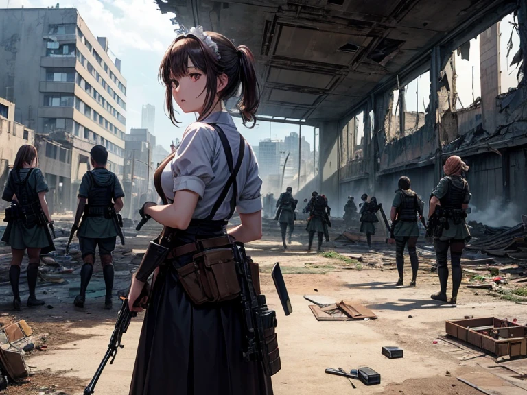 Create a masterpiece with the highest quality, depicting a semi-realistic anime scenario set in a dystopian world during an apocalypse or world war. Inside a destroyed building, showcase maid girls armed with weapons defending themselves from enemy bombings. The scene should include a cameraman injured on the ground, observing the intense action, and ensure there are at least four individuals in the composition.