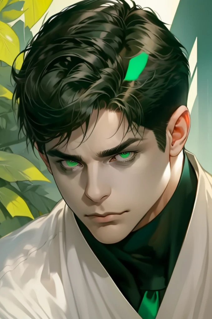 masterpiece, best quality, realistic, 1man, male focus, mature, tall muscular, handsome, [thick eyebrows], portrait, extremely detailed face, short black Quiff hair with Soft Fringe (bangs part on side 3:7 ratio), (green eyes), no smile