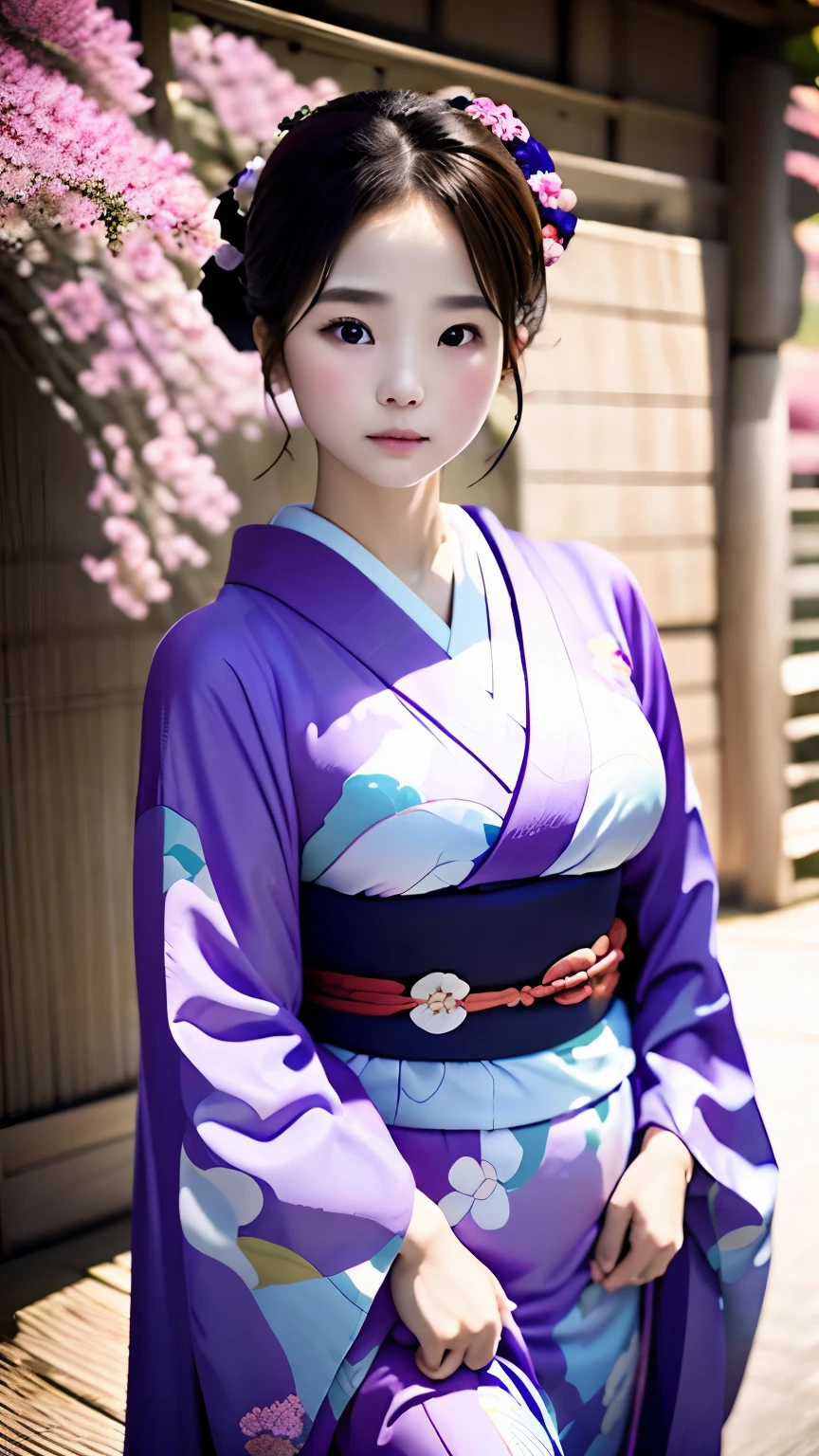 A girl walking gracefully、anatomy、cute face、small nose、plump lips、((Elegant light purple kimono、Nishijin-ori kimono、A kimono with a detailed pattern、gorgeous obi))、Gentle colors、pastel colour、Old house in Japan、Everyday scenery、Taisho romance、master piece、highest quality、Highest image quality、super resolution、Super detailed、official art、beautiful beautiful