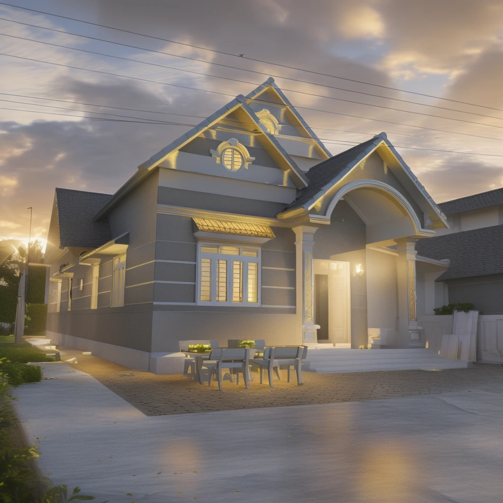 Garden villa, with swimming pool, garden in neoclassical styleClassical style, masterpiece, surreal, rendered by Vray 2023, Vantage, rendered 8k, 16k, ultra HD, iron patterned railings, Gray aluminum doors and windows, Natural light, cloudy, daylight, fence around the house, 16K