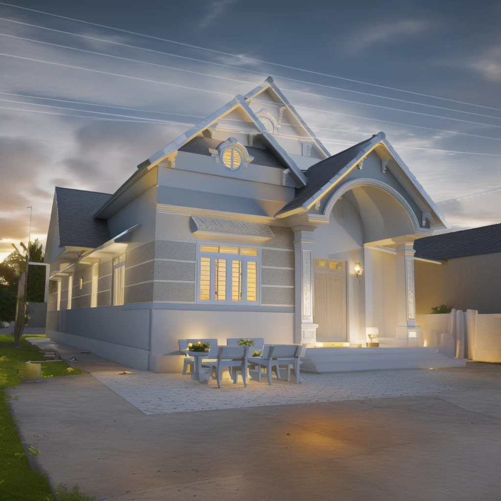 Garden villa, with swimming pool, garden in neoclassical styleClassical style, masterpiece, surreal, rendered by Vray 2023, Vantage, rendered 8k, 16k, ultra HD, iron patterned railings, Gray aluminum doors and windows, Natural light, cloudy, daylight, fence around the house, 16K