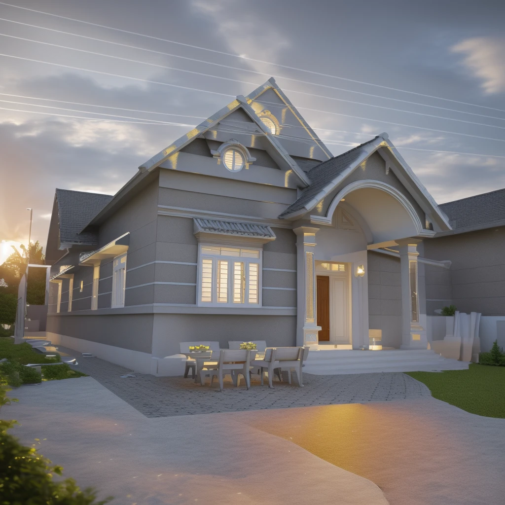 Garden villa, with swimming pool, garden in neoclassical styleClassical style, masterpiece, surreal, rendered by Vray 2023, Vantage, rendered 8k, 16k, ultra HD, iron patterned railings, Gray aluminum doors and windows, Natural light, cloudy, daylight, fence around the house, 16K