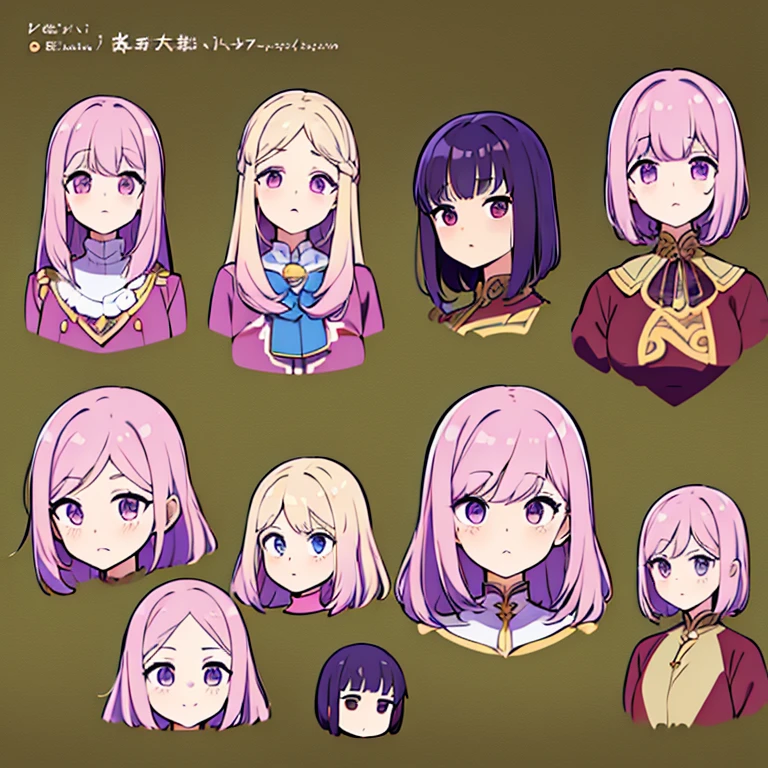 Personagem feminino,cabelo longo,cheio e ondulado de cor castanho escuro, seus olhos castanhos escuro, cor da pele parda, in anime version, de cores das veste branca, with pink and lilac details, em desenho flores, uma personagem feminina estilo anime e uma mestra de bombas Model sheet.