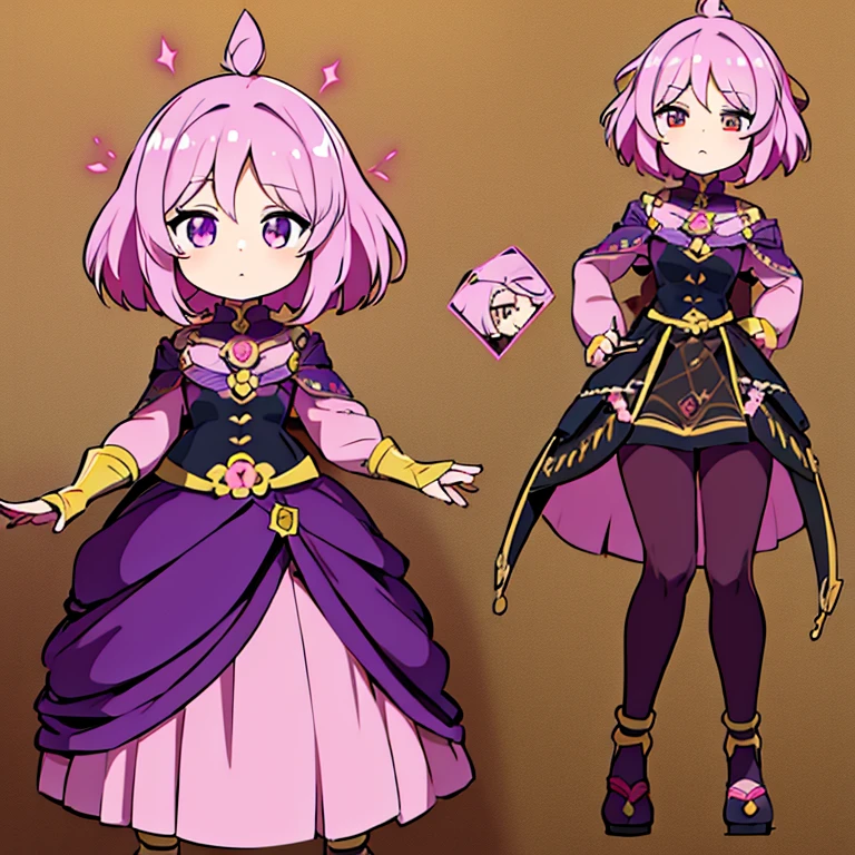 Personagem feminino,cabelo longo,cheio e ondulado de cor castanho escuro, seus olhos castanhos escuro, cor da pele parda, in anime version, de cores das veste branca, with pink and lilac details, em desenho flores, uma personagem feminina estilo anime e uma mestra de bombas Model sheet.