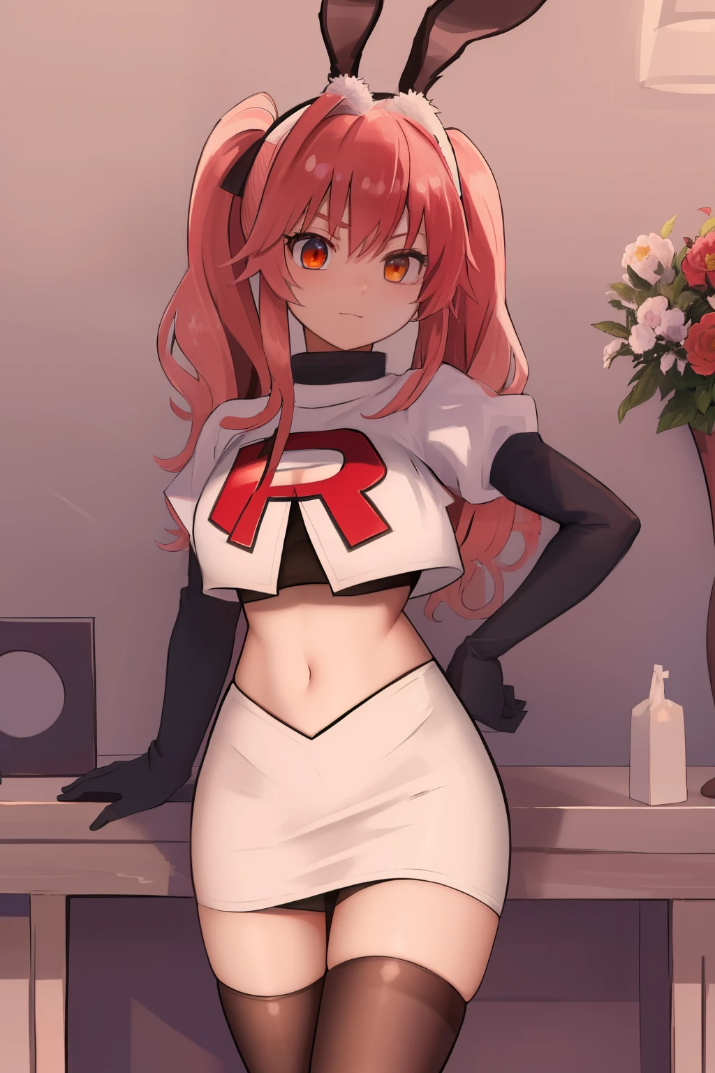 masterpiece, best quality, CG, wallpaper, HDR, high quality, high-definition, extremely detailed, koyanskaya, rabbit ears, team rocket,team rocket uniform, red letter R, white skirt,white crop top,black thigh-highs,black elbow gloves