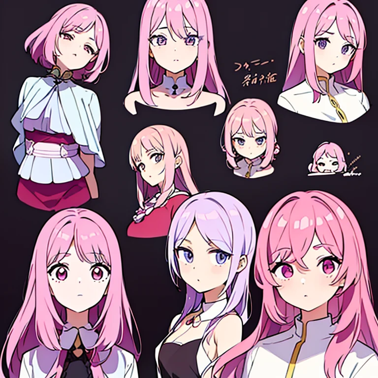 Personagem feminino,cabelo longo,cheio e ondulado de cor castanho escuro, seus olhos castanhos escuro, cor da pele parda, in anime version, de cores das veste branca, with pink and lilac details, em desenho flores, uma personagem feminina estilo anime e uma mestra de bombas Model sheet.