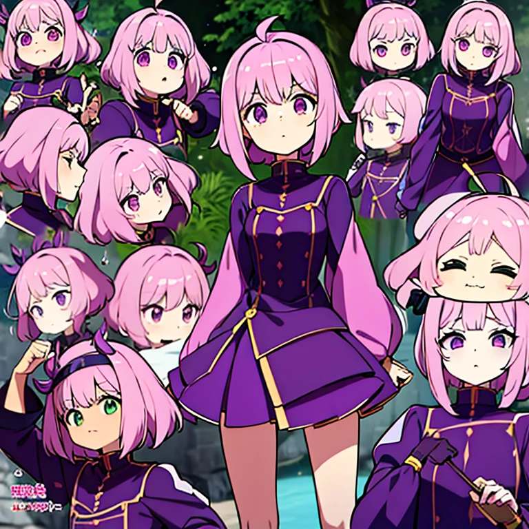 Personagem feminino,cabelo longo,cheio e ondulado de cor castanho escuro, seus olhos castanhos escuro, cor da pele parda, in anime version, de cores das veste branca, with pink and lilac details, em desenho flores, uma personagem feminina estilo anime e uma mestra de bombas Model sheet.