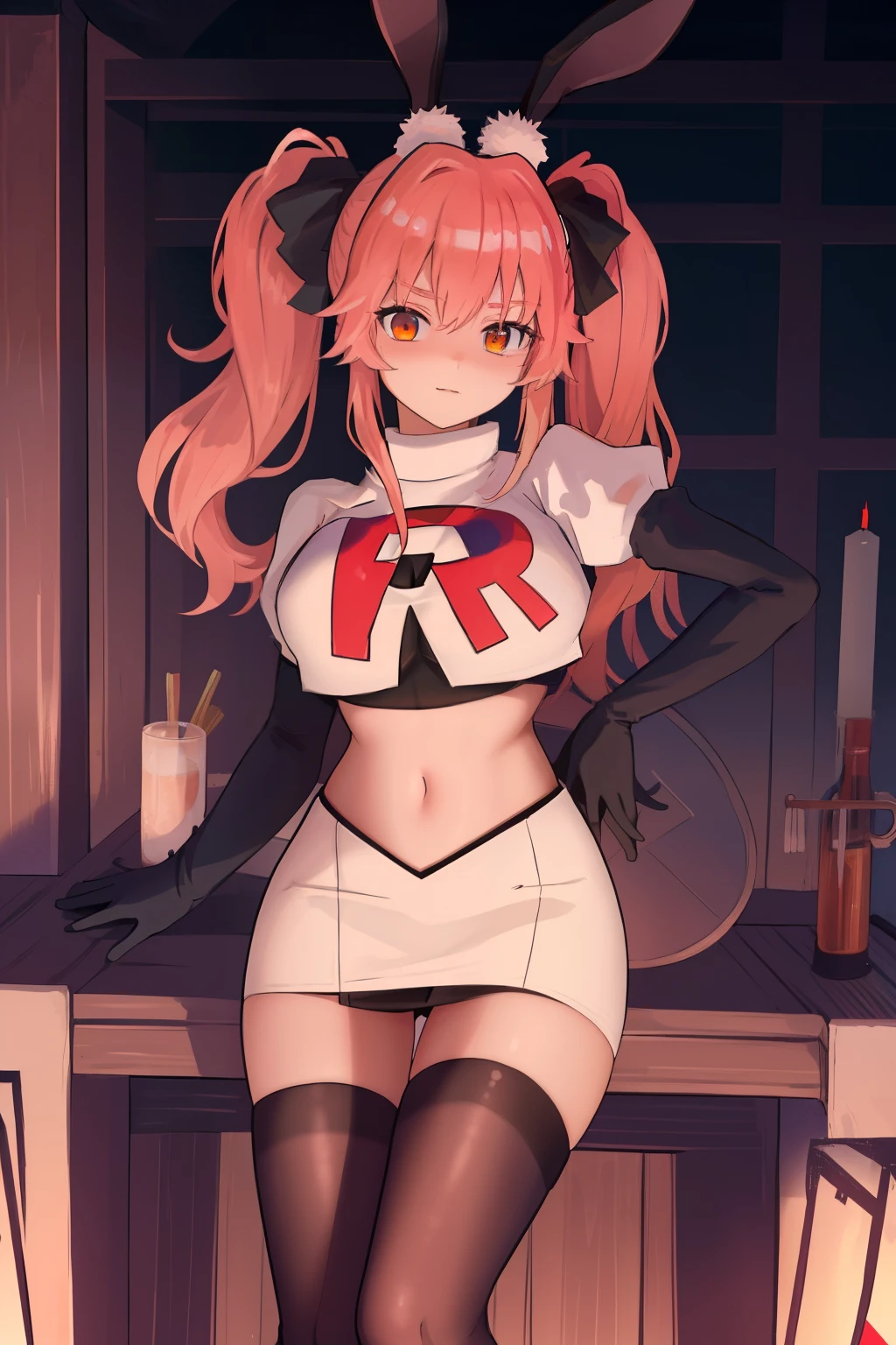 masterpiece, best quality, CG, wallpaper, HDR, high quality, high-definition, extremely detailed, koyanskaya, rabbit ears, team rocket,team rocket uniform, red letter R, white skirt,white crop top,black thigh-highs,black elbow gloves