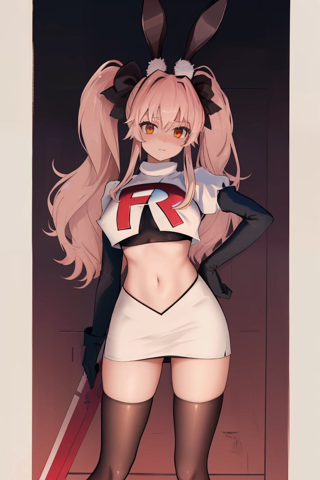 masterpiece, best quality, CG, wallpaper, HDR, high quality, high-definition, extremely detailed, koyanskaya, rabbit ears, team rocket,team rocket uniform, red letter R, white skirt,white crop top,black thigh-highs,black elbow gloves