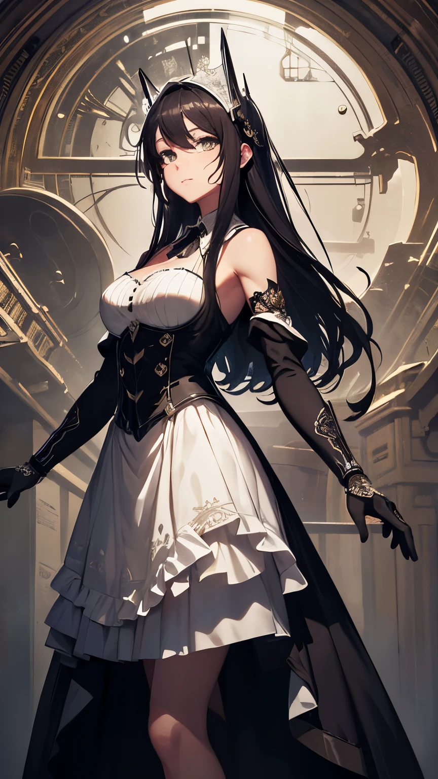 Robot female Butler with Mechanical Engineering Profile, steampunk tie, detail soft shadow, Mechanical face with an ennui atmosphere, Mechanical decorative cane with one hand, from below, Mechanically, with intricate and insane details, About the intricately detailed butler uniform, subtle lighting elements, cool beauty mechanical, Full body shot, From Side, nice cyber butler outfit, An atmosphere of beauty like a finely honed blade, very fine shadows, drizzle doodle background, eternal time clock, It feels like the wind of eternity. Lonely atmosphere, dim white lighting, street art graffiti inspiration, Eyes that show sadness, brave expression, darkest twilight, Detail of darkest core oil paint illustration, ultra-clear details, very clear texture, complex brush strokes, High quality, High resolution, of the highest quality,