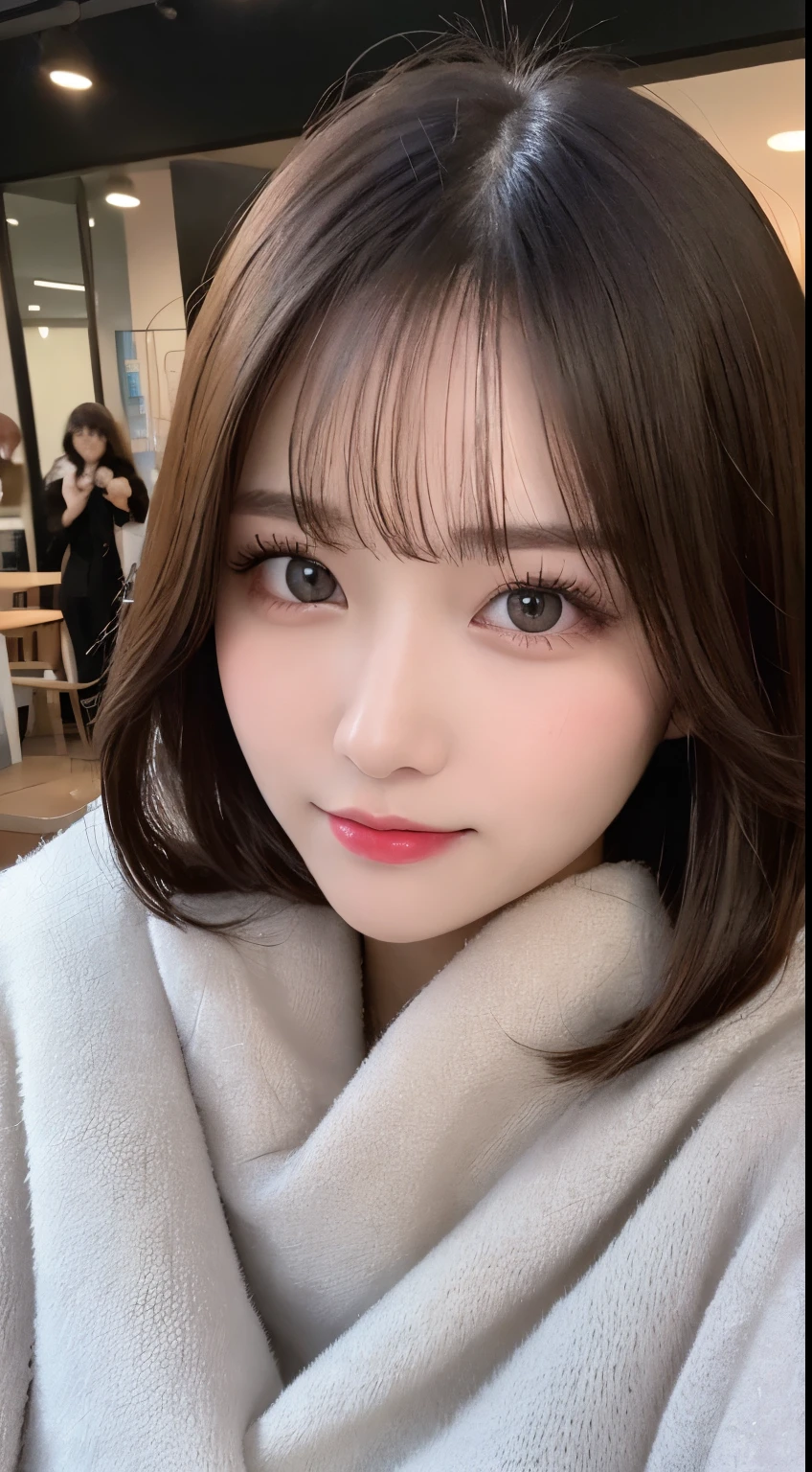 table top, highest quality, shape, Super detailed, finely, High resolution, 8k wallpaper, 完璧なダイナミックな構shape, beautiful and detailed eyes, Gorgeous and stylish black fluffy latest trend Tokyo winter clothes,ランダムなcute髪,small breasts,natural color lip, bold sexy pose,smile、20 year old girl、cute、sexy shot looking at camera,Always blur the background,perfect and beautiful face,Take only the face,beautiful and detailed face、slim face and style,Big eyes、Do gal makeup,real photos