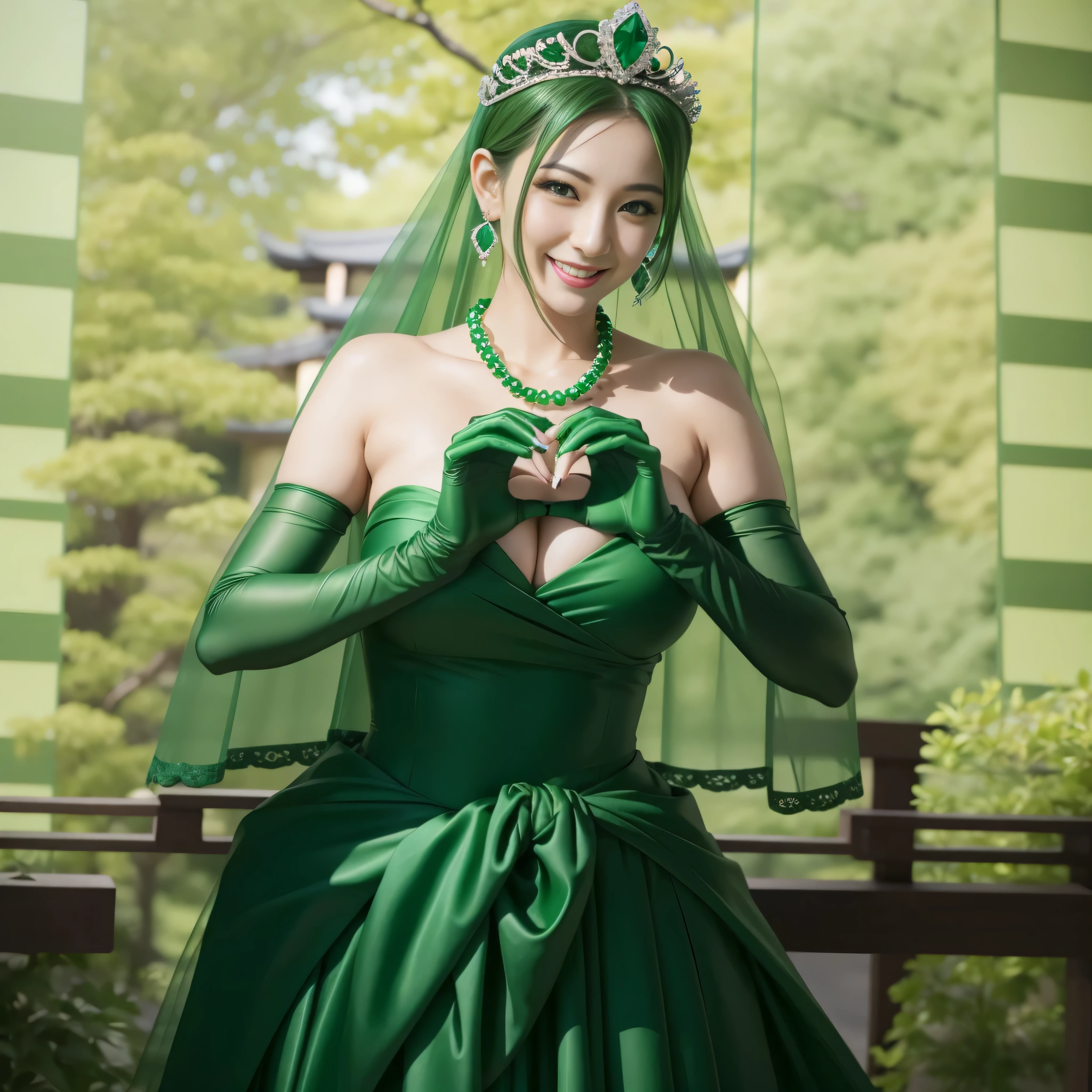 emerald tiara, green pearl necklace, ボーイッシュな非常に短いgreen hair, lipstick, smiling Japanese woman, very short hair, Beauty with large breasts, green eyes, Long Green Satin Gloves, green eyes, emerald earrings, green veil, heart with both hands, green hair, Beautiful Japan woman in her 30s, heart shaped hand:1.3