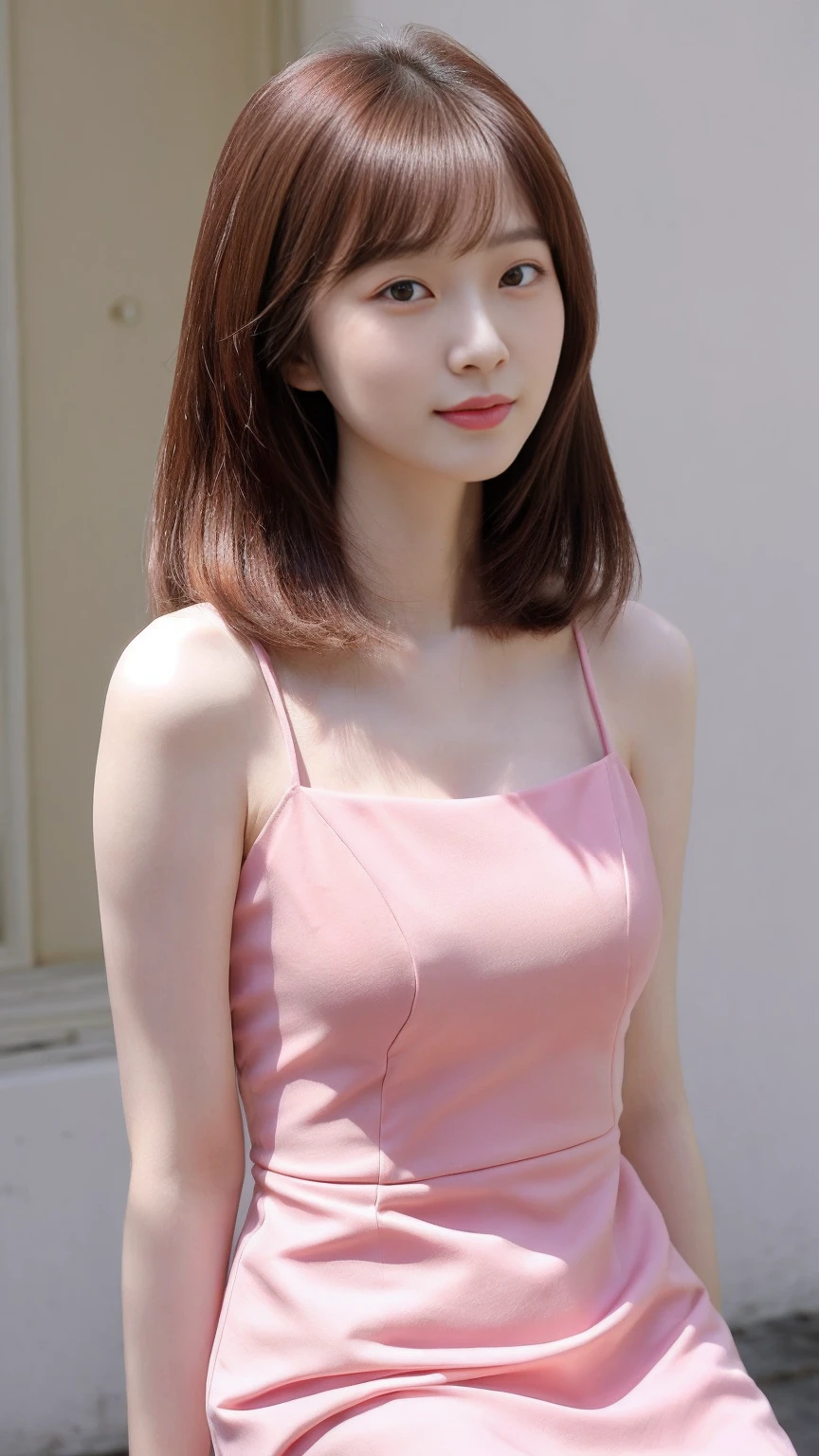 a close up of a woman in a pink dress posing for a picture, smooth yellow tight clothes suit, gorgeous chinese model, pale milky pink and light red porcelain skin, a beautiful young woman, gorgeous young korean woman, cai xukun, beautiful south korean woman, a cute young woman, beautiful young korean woman, lovely woman, black hime cut hairstyle, ruan jia beautiful! full body