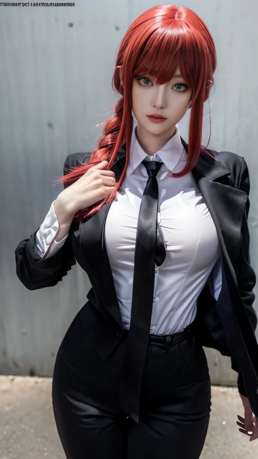 Makima, anime, chainsaw man, ((anime cosplay)), 1 girl, wide range photoshoot, wide range, (milf), beautiful face, clear face, ((hot body)), ((makima dress)), Wearing office suit, ((white full sleeve shirt and full leg black pant)), ((chainsaw man)), spy x family, ((assassin suit dress)), ((cosplay dress)), ((((Huge breasts: 0.8)))), ((no breasts)), coverd, (((Realistic))), ((well dressed)), waist curve pose, front side, (8k, RAW photo, top quality, masterpiece), (Realistic, photorealistic: 1.9), ((Full body shot)), stylish pose, ((Highly detailed skin: 1.2)), ((Realistic: 1.9)), Photos, masterpieces, top quality, (beautiful blue eyes, gorgeous pale grey black curly hair, white skin, thick body, lower abdomen bristles, perfect slim figure), various poses, ultra-detailed face, detailed eyes, a lot of people are looking at her with excitement, (((no close-up)))