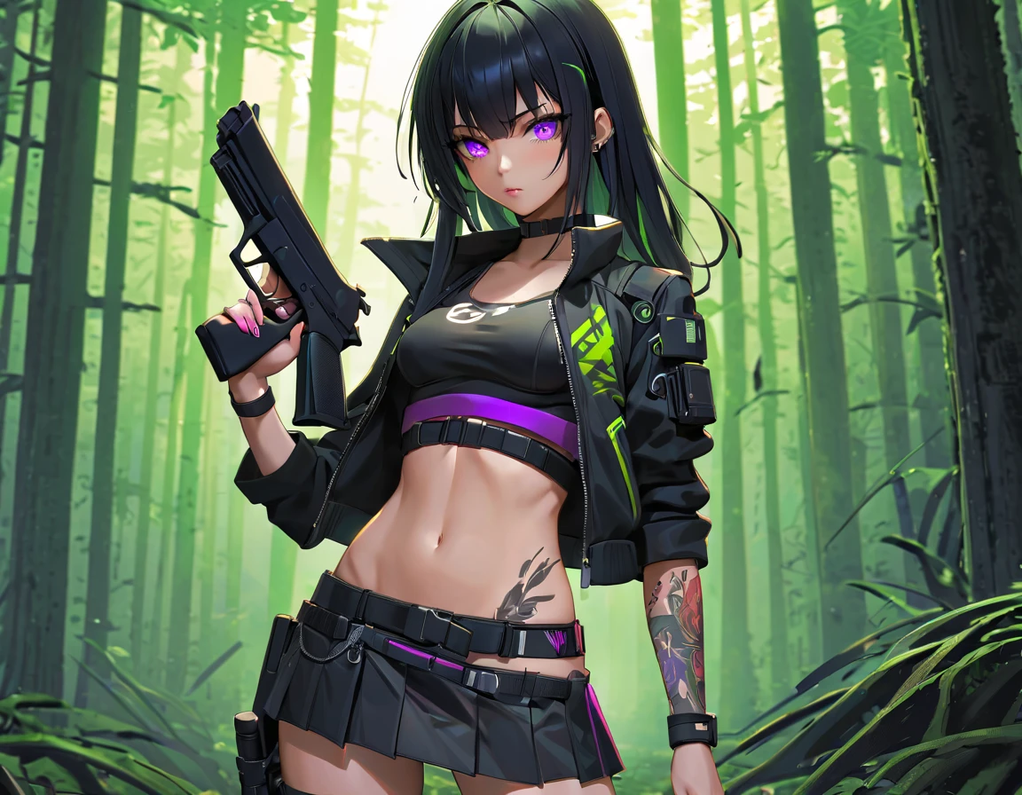 1 girl, solo, long_hair, bangs_between_the_eyes black_hair_with_shake_green, bi_color_purple_neon eyes, sexy_face, gun_in_hand, right_hand, cyberpunk_clothes, short_jacket, navel appears, short_skirt, scarred_legs, left_arm_band, tattoo_above_navel_background_of_abandoned_forest, manga_style_image .
