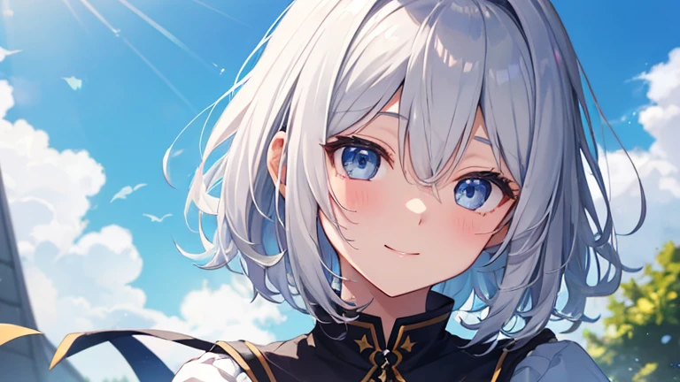 super high quality, with a girl, 20-year-old, very short hair, long bangs between the eyes, gray eyes , blue sky, sunlight, very detailed,(masterpiece、highest quality)、alone、gray hair、laughter、fantasy, silver hair, black eye, beautiful eyes,, ???????, charm, be smitten with audience, fantasyな風景、Princess、