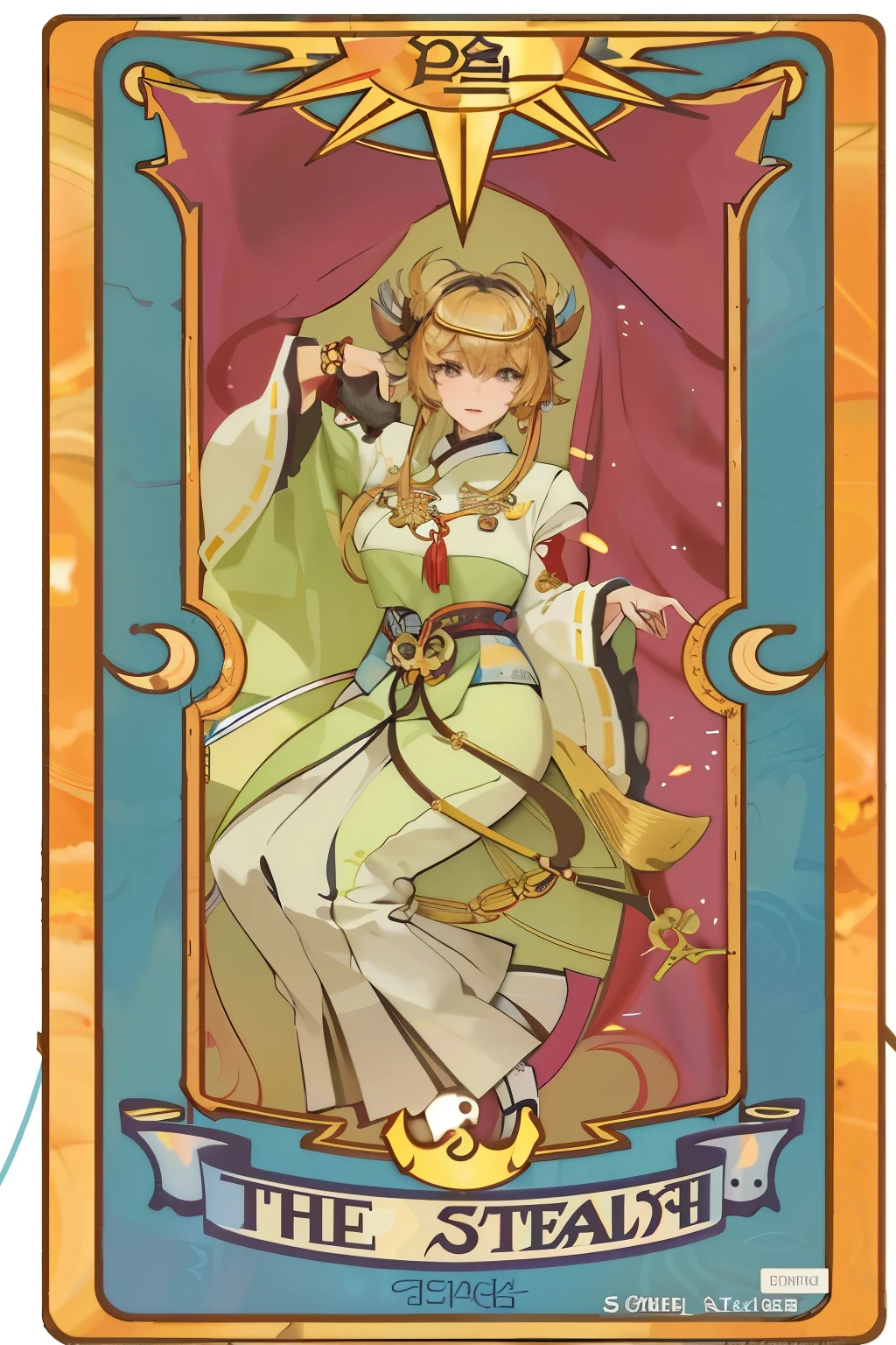 Drawing of a woman holding a cat in her arms, [ tarot cards ]!!!!!, as a tarot cards, tarot cards style, high detail + tarot cards, tarot cards设计, Korean Art Nouveau Animation, anime art nouveau, tarot cards design, tarot cards艺术, anime art nouveau cosmic display, tarot cards art, 《Genshin》Keqing in, elfic priestess