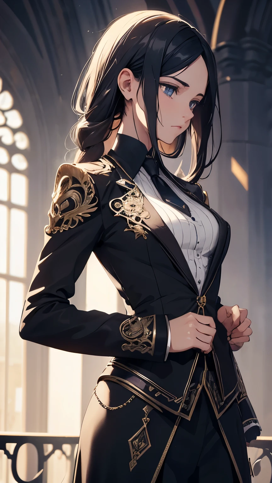 Robot female Butler with Mechanical Engineering Profile, steampunk tie, detail soft shadow, Mechanical face with an ennui atmosphere, Mechanical decorative cane with one hand, from below, Mechanically, with intricate and insane details, About the intricately detailed butler uniform, subtle lighting elements, cool beauty mechanical, Full body shot, From Side, nice cyber butler outfit, An atmosphere of beauty like a finely honed blade, very fine shadows, drizzle doodle background, eternal time clock, It feels like the wind of eternity. Lonely atmosphere, dim white lighting, street art graffiti inspiration, Eyes that show sadness, brave expression, darkest twilight, Detail of darkest core oil paint illustration, ultra-clear details, very clear texture, complex brush strokes, High quality, High resolution, of the highest quality,