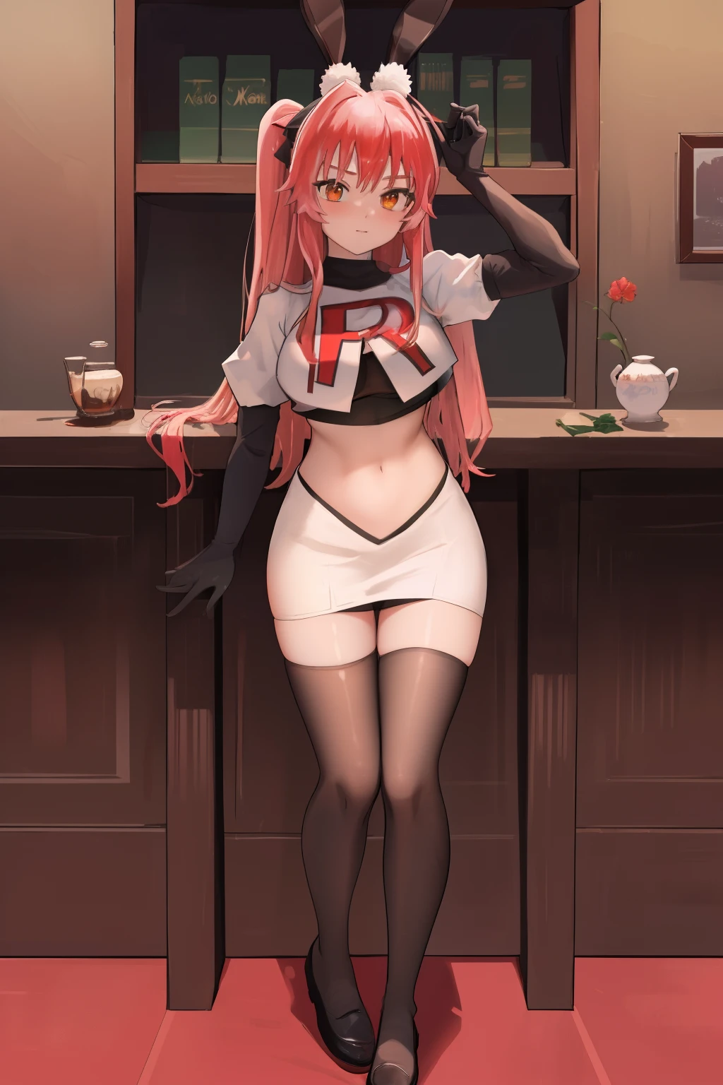 masterpiece, best quality, CG, wallpaper, HDR, high quality, high-definition, extremely detailed, koyanskaya, rabbit ears, team rocket,team rocket uniform, red letter R, white skirt,white crop top,black thigh-highs,black elbow gloves