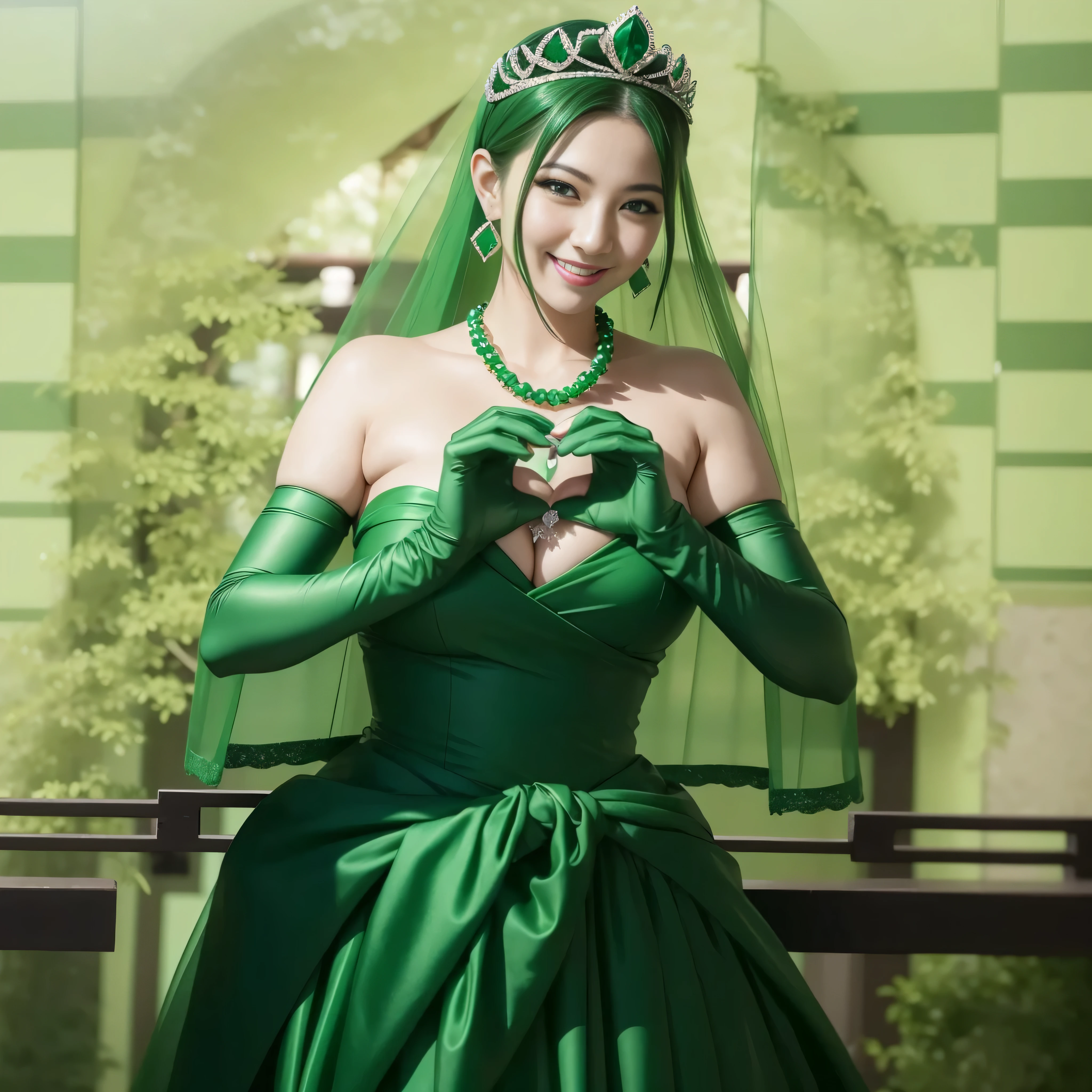 emerald tiara, green pearl necklace, ボーイッシュな非常に短いgreen hair, lipstick, smiling Japanese woman, very short hair, Beauty with large breasts, green eyes, Long Green Satin Gloves, green eyes, emerald earrings, green veil, heart with both hands, green hair, Beautiful Japan woman in her 30s, heart shaped hand:1.3