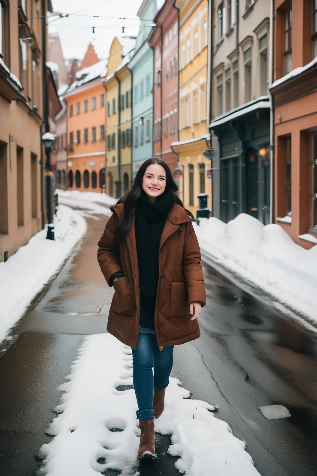 a woman with long dark hair in her early 20s. The photo is taken from 5 meters away. She has a bright wide smile. She is walking down the streets of Riga's old town, Latvia. There is little snow on the streets. It's a cloudy and cold day. She is wearing a warm jacket. Photo is taken from iphone 15 pro max